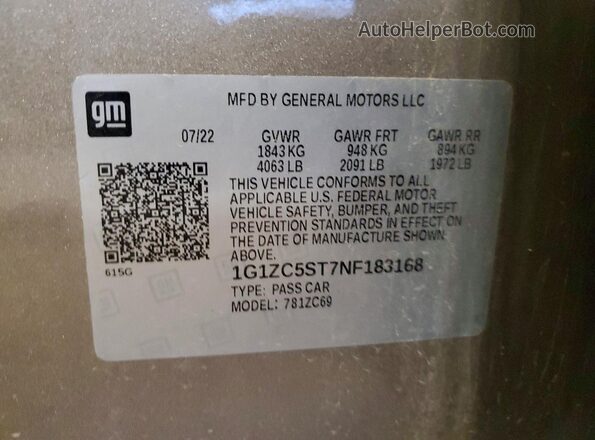 1G1ZC5ST7NF183168 2022 CHEVROLET MALIBU Серый Вид подкапотного пространства