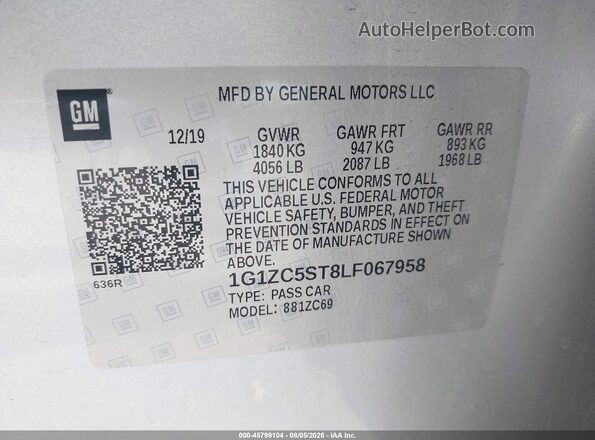1G1ZC5ST8LF067958 2020 CHEVROLET MALIBU Silver Widok komory silnika