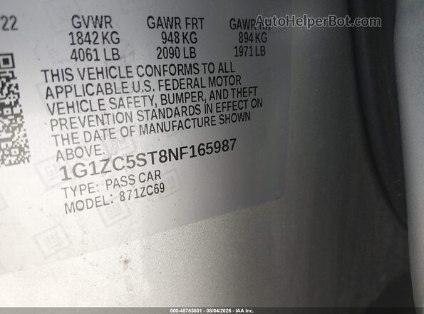 1G1ZC5ST8NF165987 2022 CHEVROLET MALIBU Gray Շարժիչի բաժամունքի տեսք
