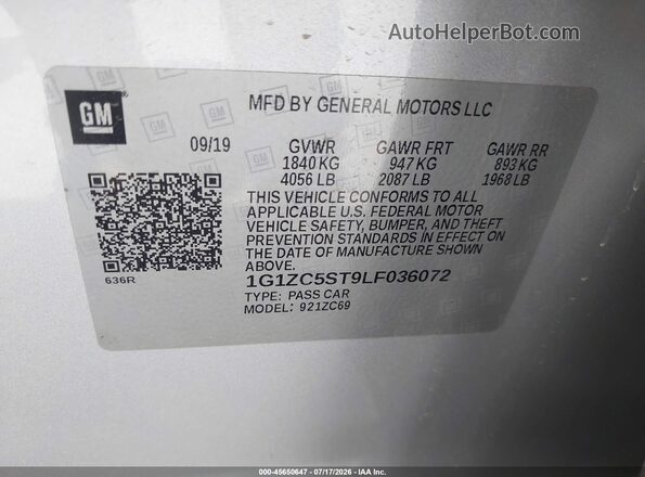 1G1ZC5ST9LF036072 2020 CHEVROLET MALIBU White ძრავის განყოფილების ხედი