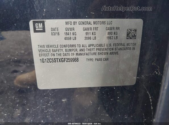 1G1ZC5STXGF259968 2016 CHEVROLET MALIBU Black Engine compartment view