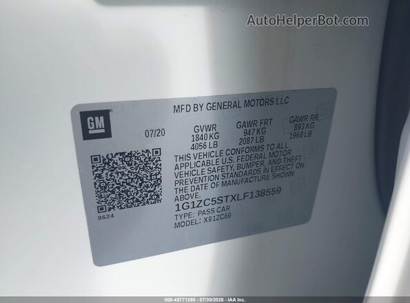 1G1ZC5STXLF138559 2020 CHEVROLET MALIBU White ძრავის განყოფილების ხედი