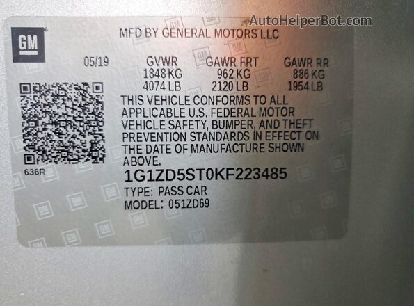 1G1ZD5ST0KF223485 2019 CHEVROLET MALIBU Silver Widok naklejki z numerem VIN