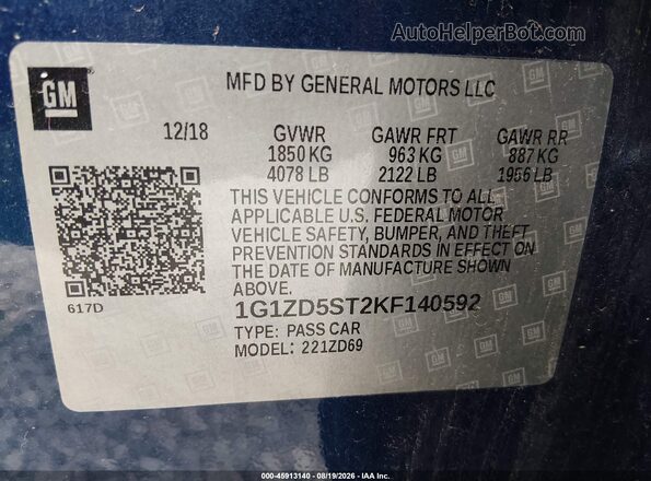 1G1ZD5ST2KF140592 2019 CHEVROLET MALIBU Blue Widok komory silnika