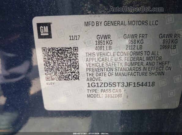 1G1ZD5ST3JF154418 2018 CHEVROLET MALIBU Black ძრავის განყოფილების ხედი