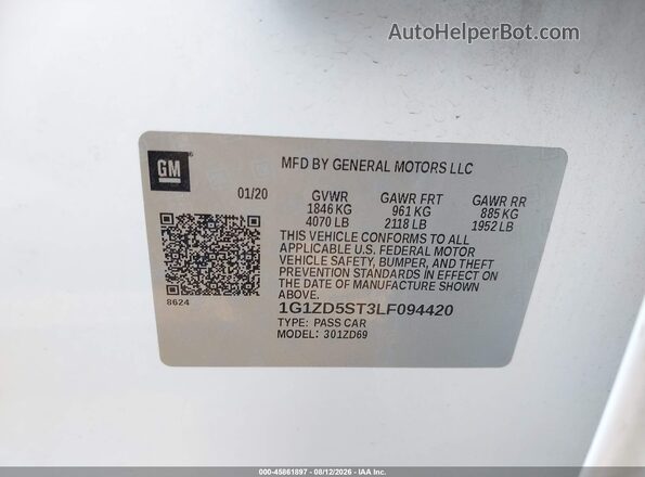 1G1ZD5ST3LF094420 2020 CHEVROLET MALIBU Белый Вид подкапотного пространства