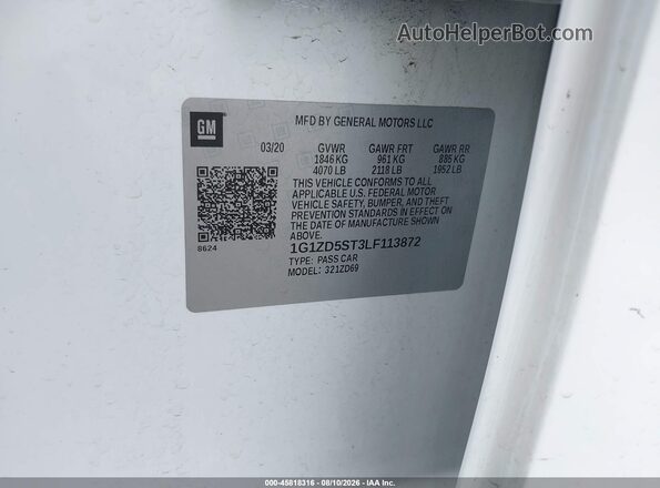 1G1ZD5ST3LF113872 2020 CHEVROLET MALIBU White Вид підкапотного простору