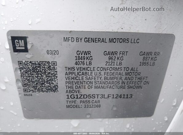 1G1ZD5ST3LF124113 2020 CHEVROLET MALIBU White Вид підкапотного простору