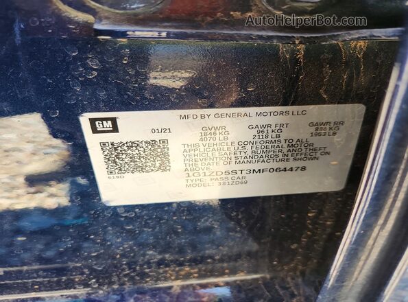 1G1ZD5ST3MF064478 2021 CHEVROLET MALIBU Синий Вид подкапотного пространства