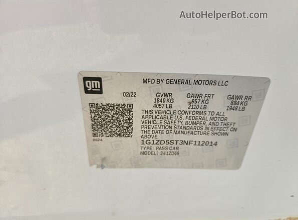 1G1ZD5ST3NF112014 2022 CHEVROLET MALIBU White Widok naklejki z numerem VIN