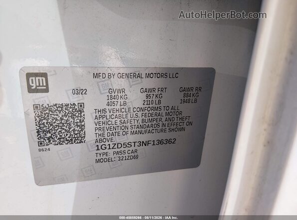 1G1ZD5ST3NF136362 2022 CHEVROLET MALIBU Белый Вид подкапотного пространства