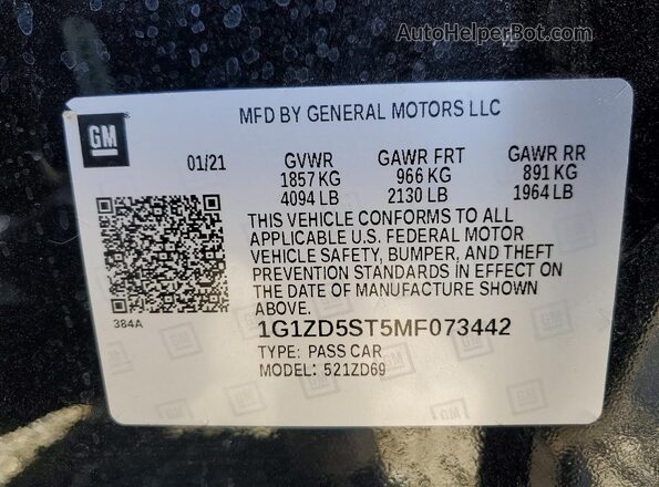 1G1ZD5ST5MF073442 2021 CHEVROLET MALIBU Black ძრავის განყოფილების ხედი