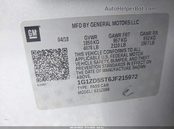 1G1ZD5ST6JF215972 2018 CHEVROLET MALIBU Silver Вид підкапотного простору
