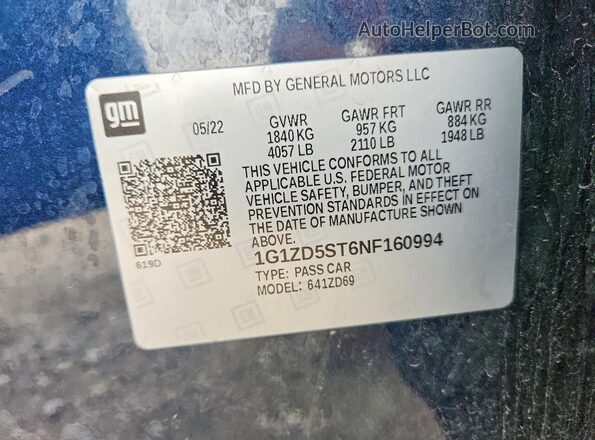 1G1ZD5ST6NF160994 2022 CHEVROLET MALIBU Blue ძრავის განყოფილების ხედი