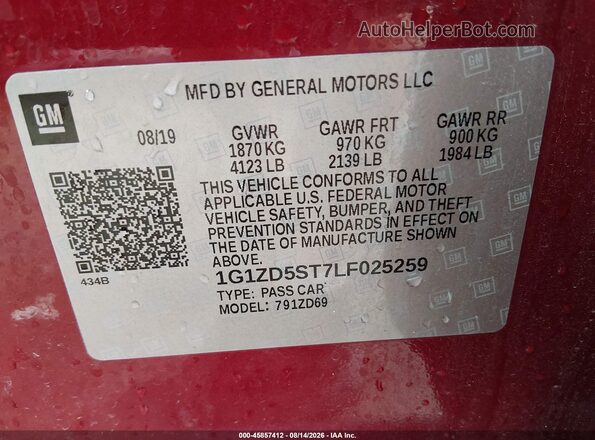 1G1ZD5ST7LF025259 2020 CHEVROLET MALIBU Red ძრავის განყოფილების ხედი