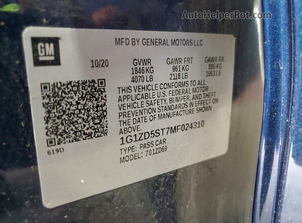 1G1ZD5ST7MF024310 2021 CHEVROLET MALIBU Blue Vista de la etiqueta del VIN