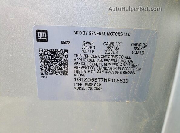 1G1ZD5ST7NF158610 2022 CHEVROLET MALIBU Silver Вид наклейки з VIN-кодом