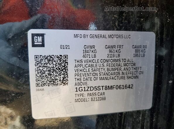 1G1ZD5ST8MF061642 2021 CHEVROLET MALIBU Черный Вид наклейки с VIN-кодом
