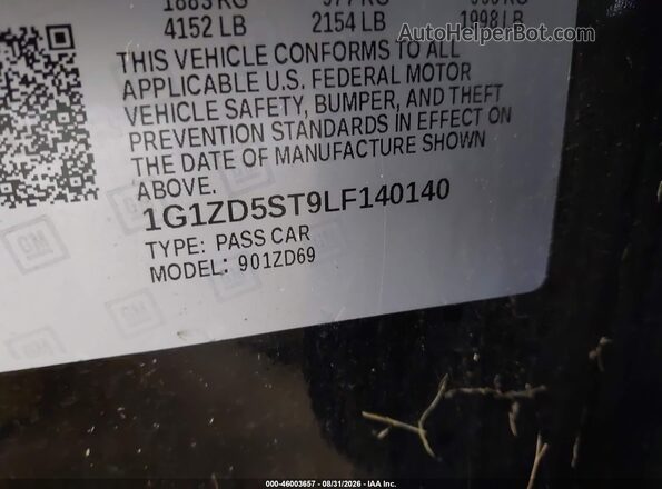 1G1ZD5ST9LF140140 2020 CHEVROLET MALIBU Black Շարժիչի բաժամունքի տեսք