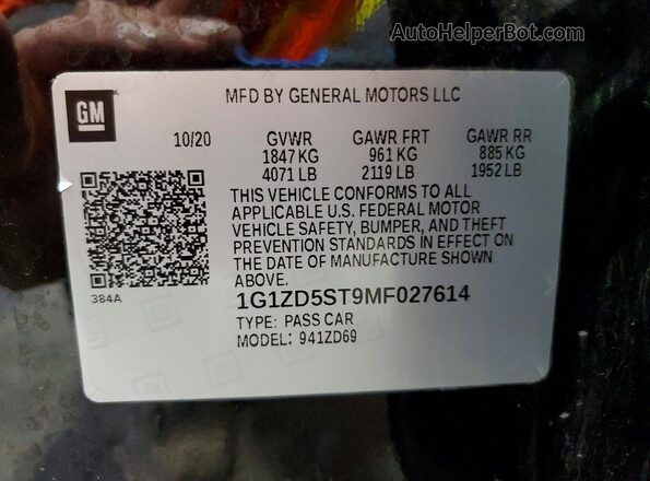 1G1ZD5ST9MF027614 2021 CHEVROLET MALIBU Черный Вид наклейки с VIN-кодом