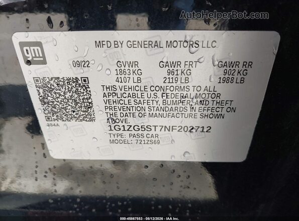 1G1ZG5ST7NF202712 2022 CHEVROLET MALIBU Черный Вид подкапотного пространства