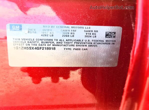 1G1ZH5SX4GF218918 2016 CHEVROLET MALIBU Red Widok naklejki z numerem VIN