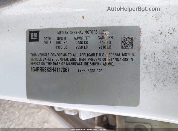 1G4PR5SK2H4117367 2017 BUICK VERANO White Vista del compartimento del motor