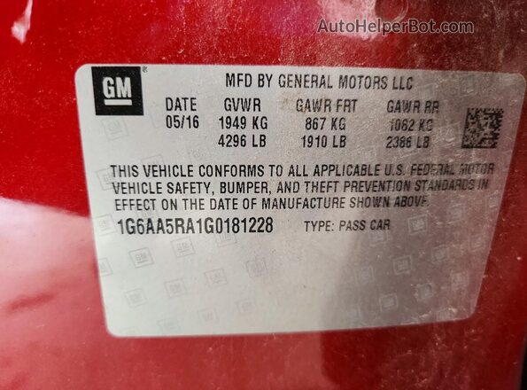1G6AA5RA1G0181228 2016 CADILLAC ATS Бордовый Вид наклейки с VIN-кодом