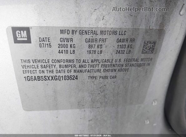 1G6AB5SXXG0103624 2016 CADILLAC ATS Серебряный Вид подкапотного пространства