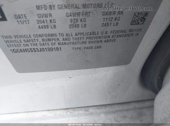 1G6AH5SS3J0139181 2018 CADILLAC ATS White ძრავის განყოფილების ხედი