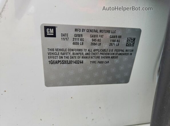 1G6AP5SX8J0140244 2018 CADILLAC CTS White Vista de la etiqueta del VIN