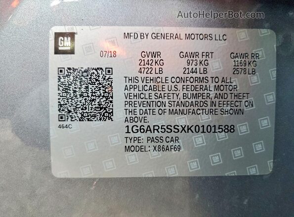 1G6AR5SSXK0101588 2019 CADILLAC CTS Gray ძრავის განყოფილების ხედი