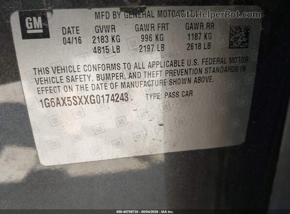 1G6AX5SXXG0174243 2016 CADILLAC CTS Серый Вид подкапотного пространства