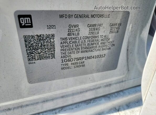 1G6D75RP1N0410312 2022 CADILLAC CT4 White Вид наклейки з VIN-кодом