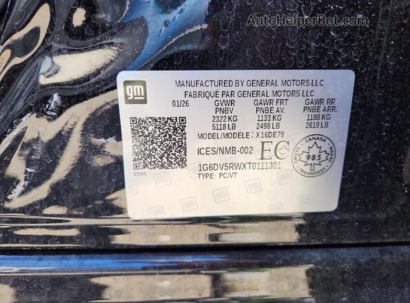 1G6DV5RWXT0111301 2026 CADILLAC CT5 Black Вид наклейки з VIN-кодом