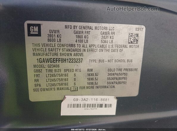 1GAWGEFF8H1223237 2017 CHEVROLET EXPRESS Gray Вид підкапотного простору