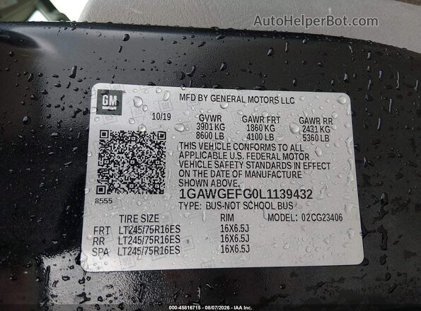 1GAWGEFG0L1139432 2020 CHEVROLET EXPRESS Black Vista del compartimento del motor