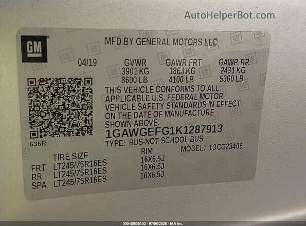 1GAWGEFG1K1287913 2019 CHEVROLET EXPRESS Silver Engine compartment view