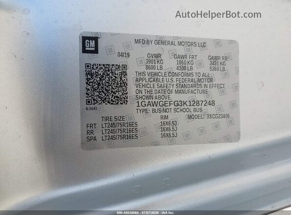 1GAWGEFG3K1287248 2019 CHEVROLET EXPRESS Silver Widok komory silnika