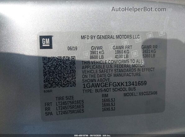 1GAWGEFGXK1341659 2019 CHEVROLET EXPRESS Silver Շարժիչի բաժամունքի տեսք