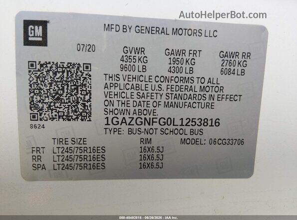 1GAZGNFG0L1253816 2020 CHEVROLET EXPRESS White Вид підкапотного простору