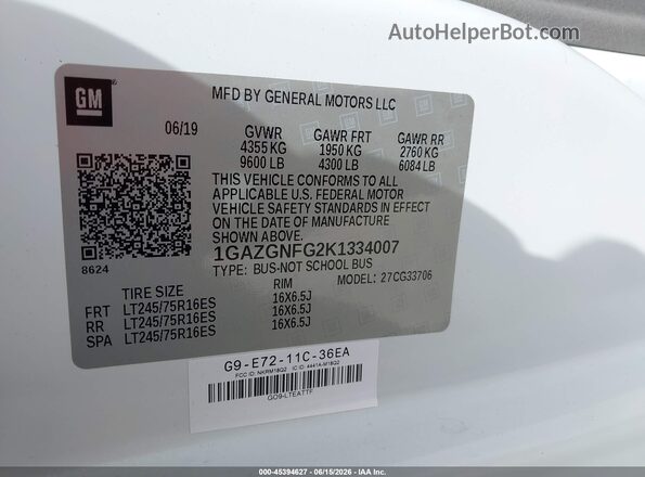 1GAZGNFG2K1334007 2019 CHEVROLET EXPRESS White Вид підкапотного простору