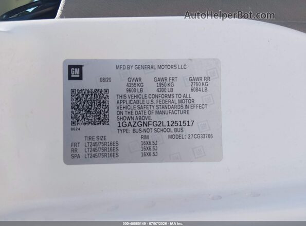 1GAZGNFG2L1251517 2020 CHEVROLET EXPRESS Белый Вид подкапотного пространства
