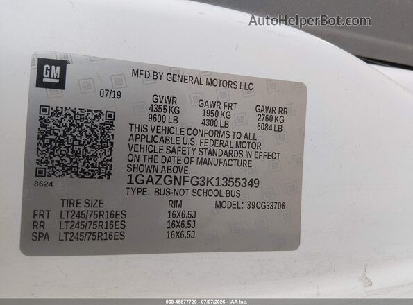 1GAZGNFG3K1355349 2019 CHEVROLET EXPRESS White ძრავის განყოფილების ხედი
