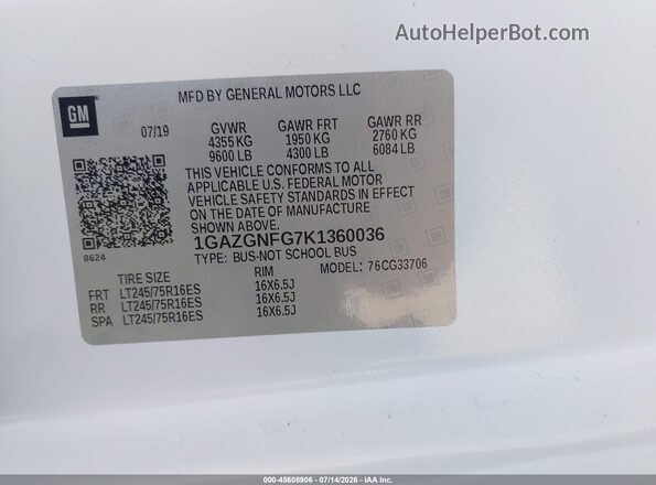 1GAZGNFG7K1360036 2019 CHEVROLET EXPRESS White Շարժիչի բաժամունքի տեսք