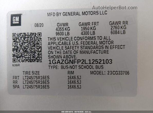 1GAZGNFP2L1252103 2020 CHEVROLET EXPRESS Silver Vista del compartimento del motor