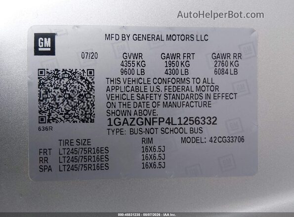 1GAZGNFP4L1256332 2020 CHEVROLET EXPRESS Silver Vista del compartimento del motor