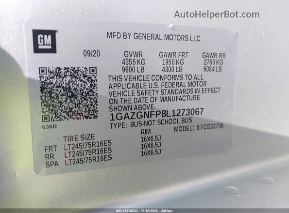 1GAZGNFP8L1273067 2020 CHEVROLET EXPRESS Silver Engine compartment view