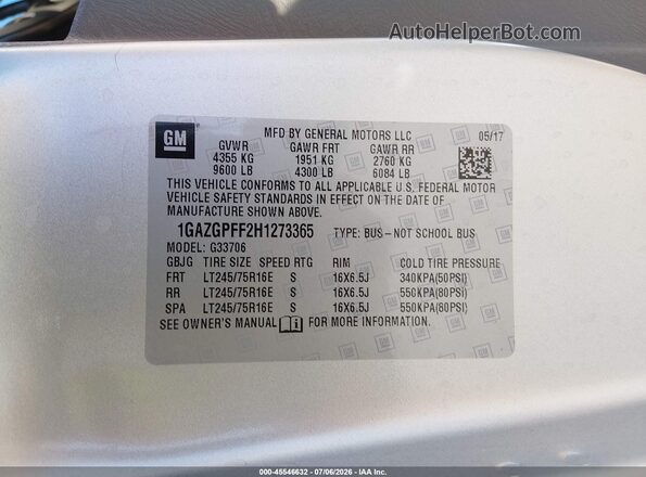 1GAZGPFF2H1273365 2017 CHEVROLET EXPRESS Silver Widok komory silnika
