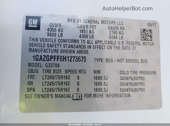1GAZGPFF6H1273675 2017 CHEVROLET EXPRESS White Շարժիչի բաժամունքի տեսք